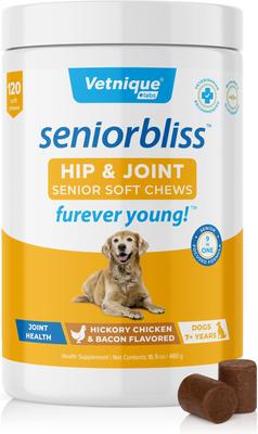 Seniorbliss Hip & Joint Mobility Plus Multivitamin Glucosamine Hickory Chicken & Bacon Flavored Soft Chew Supplement for Senior Dogs, 60 count