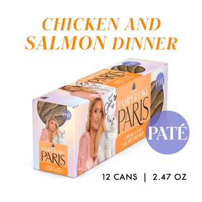 Comida húmeda para gatos con paté sin cereales Chicken & Salmon Dinner, lata de 2.47 oz, caja de 12