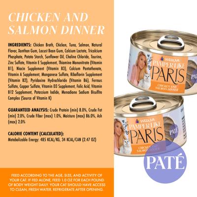 Comida húmeda para gatos con paté sin cereales Chicken & Salmon Dinner, lata de 2.47 oz, caja de 12