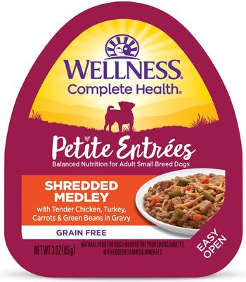 Complete Health Petite Entrees Adult Small Breed Grain-Free Chicken, Duck, Peas & Carrots Shredded Medley Wet Dog Food, 3-oz cup, case of 12