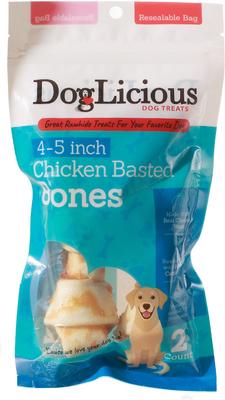 DogLicious 4 - 5" Chicken Basted Bones Rawhide Dog Treats, 2 count