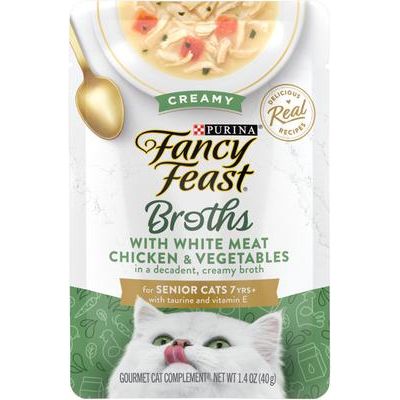Alimento cremoso para gatos Senior con pollo y verduras en caldo, complemento y aderezo, bolsa de 1.4 oz, caja de 16