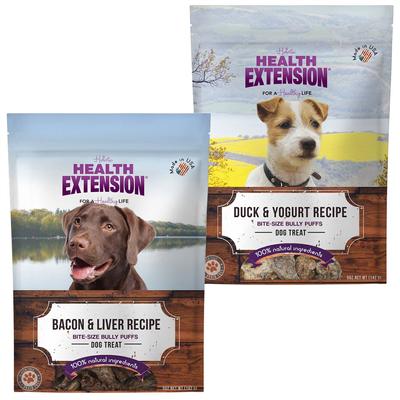 Bundle: Health Extension Bully Puffs Bacon & Liver + Bully Puffs Duck & Yogurt Dog Treats