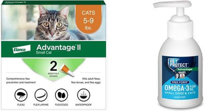 Bundle: Advantage II Flea Spot Treatment for Cats, 5-9 lbs, & Ferrets, 2 Doses (2-mos. supply) + Pet Protect Free Form Omega-3 Fish Oil Liquid Supplement for Small Dogs & Cats, 4-fl oz bottle