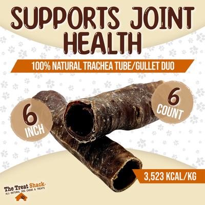 Tubo traqueal de carne de res entera de 6 pulgadas envuelto con golosinas masticables naturales para perros Gullet Crunchy Duo, 6 unidades