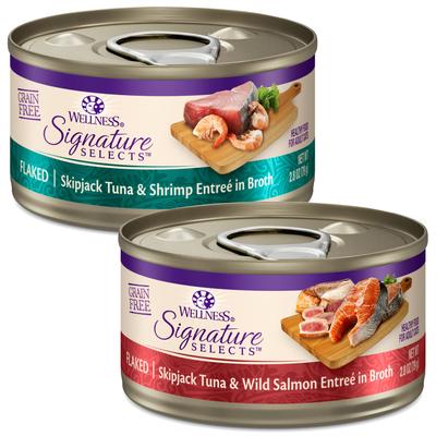 Bundle: Wellness CORE Signature Selects Flaked Skipjack Tuna & Shrimp Entree in Broth + Flaked Skipjack Tuna & Wild Salmon Entree in Broth Canned Cat Food, 2.8-oz, case of 12