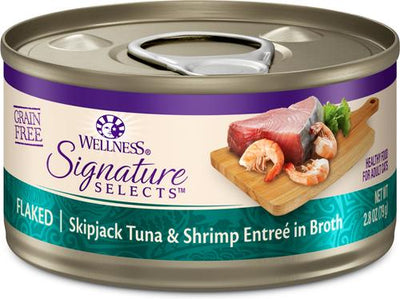Paquete: Comida enlatada para gatos Wellness CORE Signature Selects: Atún listado en desmenuzado y camarones en caldo + Atún listado en desmenuzado y salmón salvaje en caldo, 2.8 oz, caja de 12