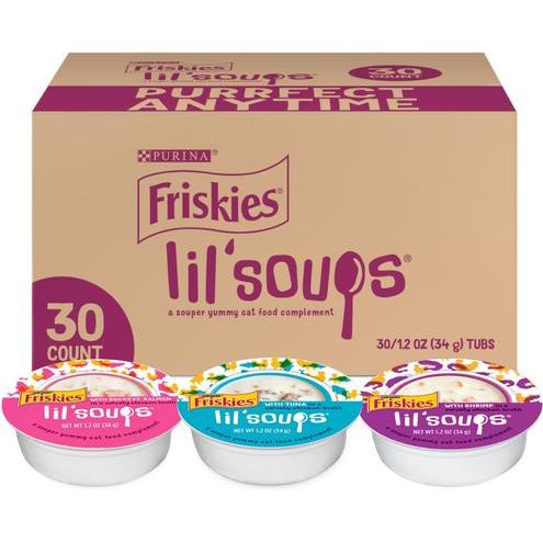 Lil' Soups - Paquete variado de salmón, atún y camarones, trocitos sin cereales en caldo, alimento húmedo para gatos para lamer, bandeja de 1.2 oz, caja de 30