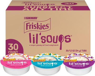 Lil' Soups - Paquete variado de salmón, atún y camarones, trocitos sin cereales en caldo, alimento húmedo para gatos para lamer, bandeja de 1.2 oz, caja de 30
