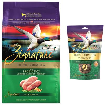Paquete: Alimento seco para perros Zignature Duck con fórmula de ingredientes limitados y sin cereales, bolsa de 11.3 kg + Zignature Grain-Free Duck Formula Ziggy Bars Biscuit Dog Treats, bolsa de 355 g