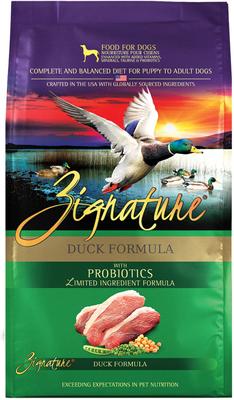 Paquete: Alimento seco para perros Zignature Duck con fórmula de ingredientes limitados y sin cereales, bolsa de 11.3 kg + Zignature Grain-Free Duck Formula Ziggy Bars Biscuit Dog Treats, bolsa de 355 g