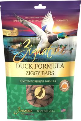 Paquete: Alimento seco para perros Zignature Duck con fórmula de ingredientes limitados y sin cereales, bolsa de 11.3 kg + Zignature Grain-Free Duck Formula Ziggy Bars Biscuit Dog Treats, bolsa de 355 g