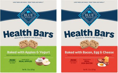 Paquete: Mini barritas saludables Blue Buffalo con manzanas y yogur horneados + premios para perros horneados con tocino, huevo y queso