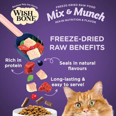 Alimento liofilizado para gatos Mix & Munch, crudo, alto en proteínas, sin cereales, con carne de res y pescado de mar, bolsa de 355 g