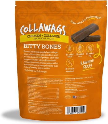 Golosinas masticables duras de pollo Collawags Bitty Bones para perros, bolsa de 10 oz