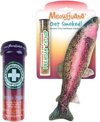Bundle: Meowijuana Purrple Passion Catnip & Silvervine Blend Catnip, 0.917-oz bottle + Meowijuana Refillable Get Smoked Catnip Fish Cat Toy