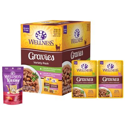 Bundle: Wellness Healthy Indulgence Gravies Grain-Free Variety Pack Food Pouches + Kittles Grain-Free Salmon & Cranberries Recipe Crunchy Cat Treats