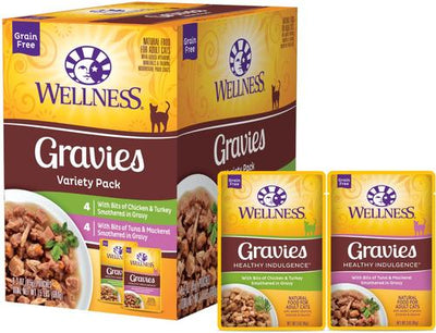 Bundle: Wellness Healthy Indulgence Gravies Grain-Free Variety Pack Food Pouches + Kittles Grain-Free Salmon & Cranberries Recipe Crunchy Cat Treats