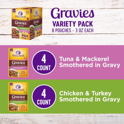 Bundle: Wellness Healthy Indulgence Gravies Grain-Free Variety Pack Food Pouches + Kittles Grain-Free Salmon & Cranberries Recipe Crunchy Cat Treats