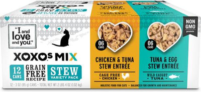 Comida enlatada para gatos XOXO Chicken & Tuna Stew, paquete variado sin cereales, lata de 3 oz, caja de 12