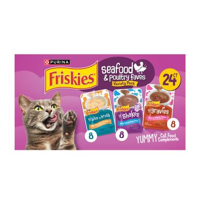 Paquete variado de mariscos y aves de corral, complemento alimenticio para gatos con salsa para lamer, caja de 24