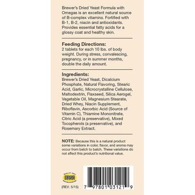 NaturVet, Brewers Dried Yeast with Omegas, tabletas masticables con vitaminas B y omega-3, 6 y 9 para perros y gatos, sabor tocino ahumado, 500 / 1,000 / 5,000 tabletas