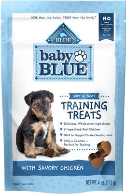 Paquete: Alimento seco natural para cachorros Blue Buffalo Baby BLUE Healthy Growth Formula, receta de pollo y arroz integral, 11 kg + premios de entrenamiento: premios suaves naturales para cachorros, pollo sabroso.