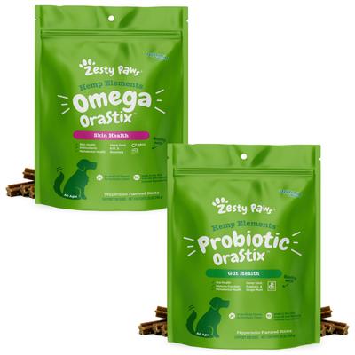 Paquete: Suplemento masticable Zesty Paws Omega OraStix para la salud de la piel con sabor a menta + Probiótico OraStix masticable dental con sabor a menta para perros