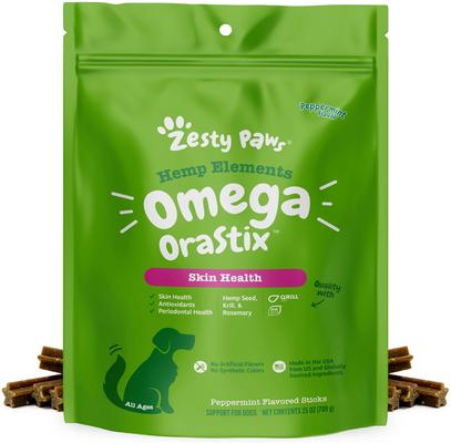 Bundle: Zesty Paws Omega OraStix Skin Health Peppermint Flavor Chews Supplement + Probiotic OraStix Mint Flavored Dental Chews for Dogs