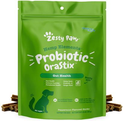 Bundle: Zesty Paws Omega OraStix Skin Health Peppermint Flavor Chews Supplement + Probiotic OraStix Mint Flavored Dental Chews for Dogs