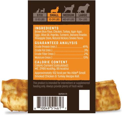 No-Hide Small Roll Long Lasting Natural Rawhide Alternative Barbeque Smoked Chicken & Turkey Recipe Dog Chew Treat