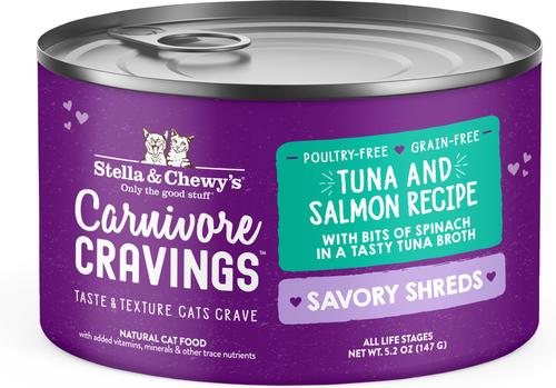 Comida para gatos Carnivore Cravings Savory Shreds Variety Pack, lata de 2.8 oz, caja de 12