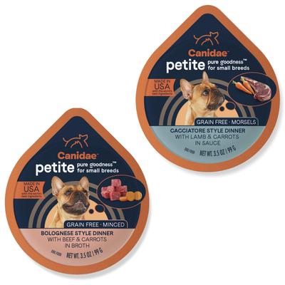 Bundle: CANIDAE PURE Petite Small Breed Cacciatore Style Dinner with Lamb & Carrots + Small Breed Bolognese Style Dinner with Beef & Carrots Wet Dog Food Trays