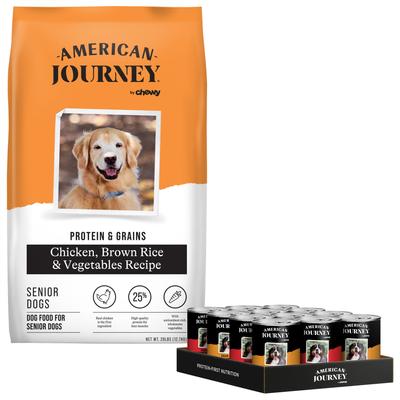 Bundle: American Journey Protein & Grains Senior Chicken, Brown Rice & Vegetables Recipe Dry Food + Poultry & Beef Variety Pack Grain-Free Canned Dog Food