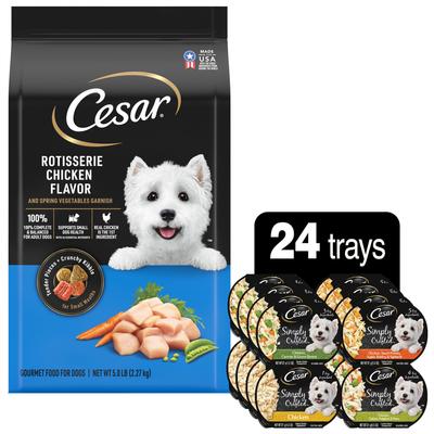 Paquete: Paquete variado de alimento húmedo Cesar Simply Crafted Cuisine Complement + Alimento seco para perros con sabor a pollo rostizado y guarnición de verduras de primavera