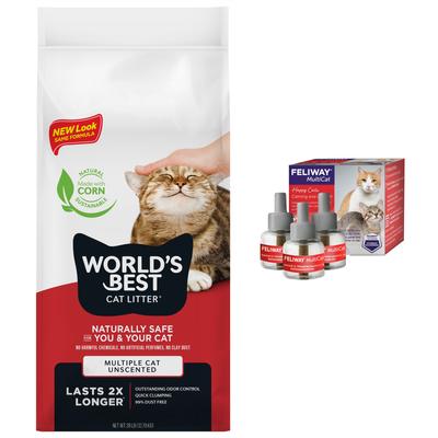 Bundle: Feliway MultiCat Calming Diffuser Refill for Cats, 3 count + World's Best Multi-Cat Unscented Clumping Corn Litter