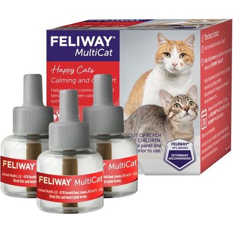 Paquete: Repuesto de difusor calmante Feliway MultiCat para gatos (3 unidades) + Arena aglomerante de maíz sin aroma para gatos, la mejor del mundo