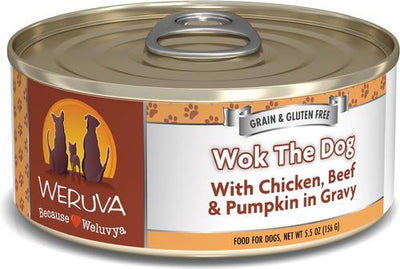 Wok the Dog con pollo, carne y calabaza en salsa, alimento enlatado sin cereales para perros, 5.5 oz, caja de 24