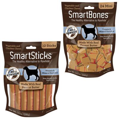 Paquete: Huesos masticables SmartBones Mini Peanut Butter + Golosinas masticables SmartSticks Peanut Butter para perros