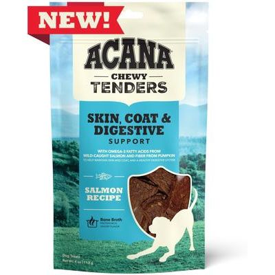 Golosinas masticables para perros de salmón con piel, pelaje y tiras de apoyo digestivo, bolsa de 4 oz