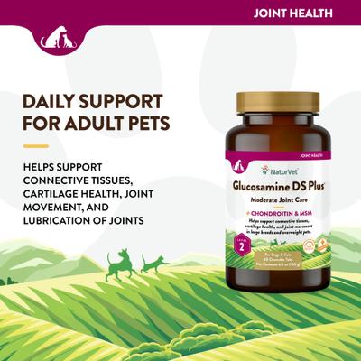 NaturVet, Moderate Joint Care Glucosamine DS Plus, glucosamina, MSM, condroitina y omegas para articulaciones de perros y gatos, tabletas y masticables