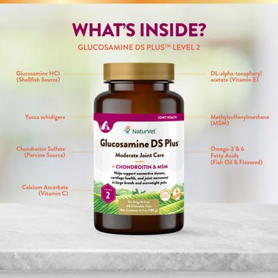 NaturVet, Moderate Joint Care Glucosamine DS Plus, glucosamina, MSM, condroitina y omegas para articulaciones de perros y gatos, tabletas y masticables