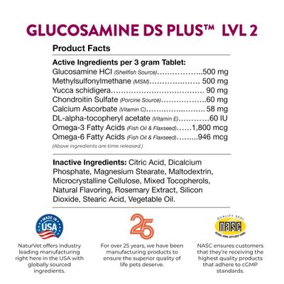 NaturVet, Moderate Joint Care Glucosamine DS Plus, glucosamina, MSM, condroitina y omegas para articulaciones de perros y gatos, tabletas y masticables