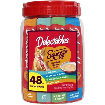 Delectables Squeeze Up - Paquete variado de 4 sabores, premios para lamer sin cereales para gatos, tubo de 0.5 oz, 48 unidades