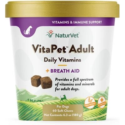 NaturVet, VitaPet Adult Daily Vitamins, multivitamínico con apoyo al aliento para perros adultos, 60 tabletas o masticables blandos