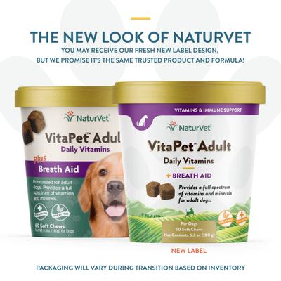 NaturVet, VitaPet Adult Daily Vitamins, multivitamínico con apoyo al aliento para perros adultos, 60 tabletas o masticables blandos