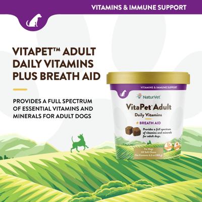 NaturVet, VitaPet Adult Daily Vitamins, multivitamínico con apoyo al aliento para perros adultos, 60 tabletas o masticables blandos