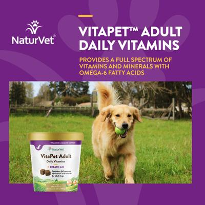 NaturVet, VitaPet Adult Daily Vitamins, multivitamínico con apoyo al aliento para perros adultos, 60 tabletas o masticables blandos