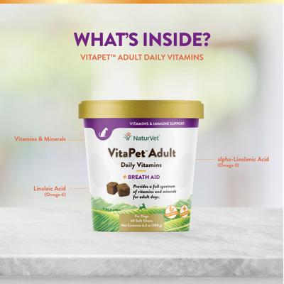 NaturVet, VitaPet Adult Daily Vitamins, multivitamínico con apoyo al aliento para perros adultos, 60 tabletas o masticables blandos