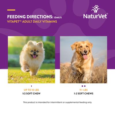 NaturVet, VitaPet Adult Daily Vitamins, multivitamínico con apoyo al aliento para perros adultos, 60 tabletas o masticables blandos